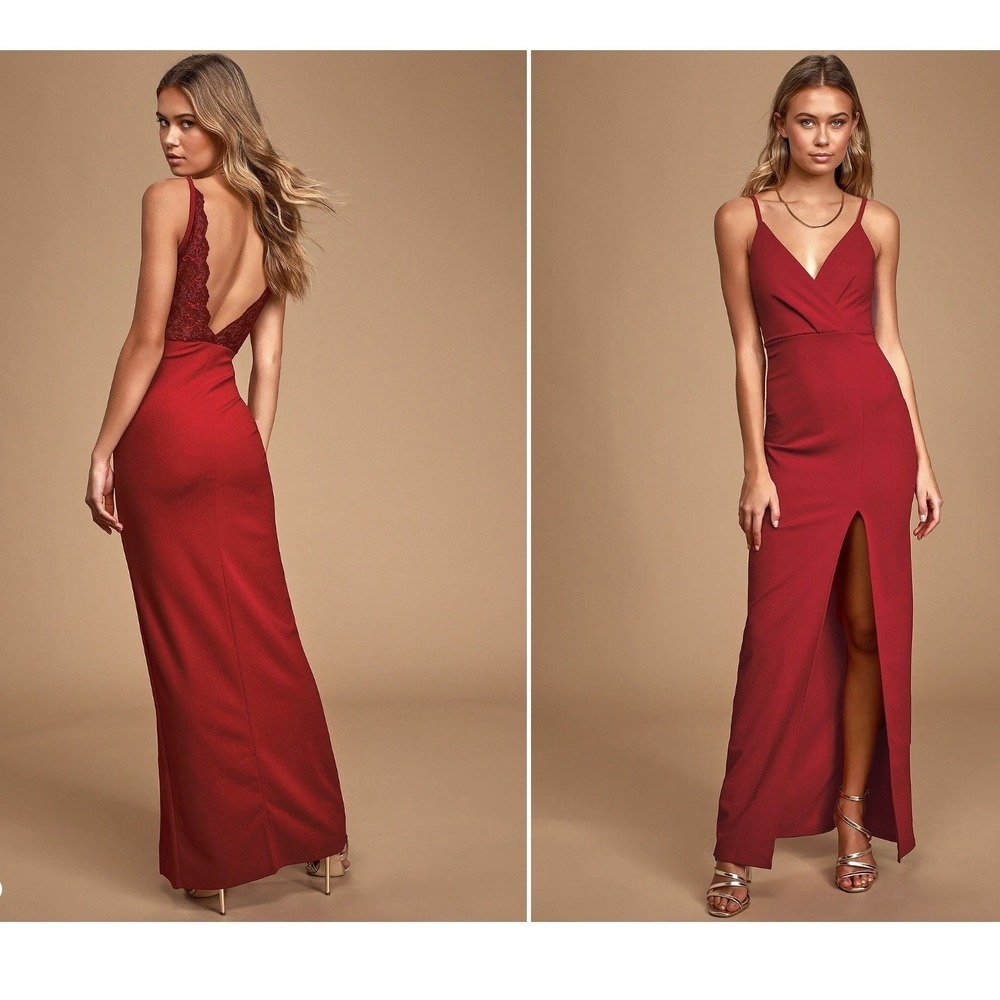 Lulu's Wine Red Lace-Back V-Neck Maxi Dress